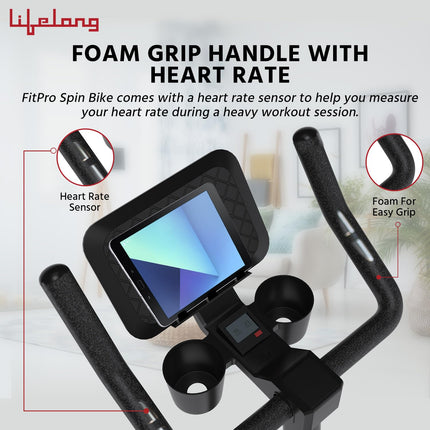 Lifelong Fit Pro Spin Fitness Bike with 7Kg Flywheel, Adjustable Resistance & Heart Rate Sensor for Fitness at Home Workouts|Max Weight Capacity: 100 kg (LLSBB50, Black) 