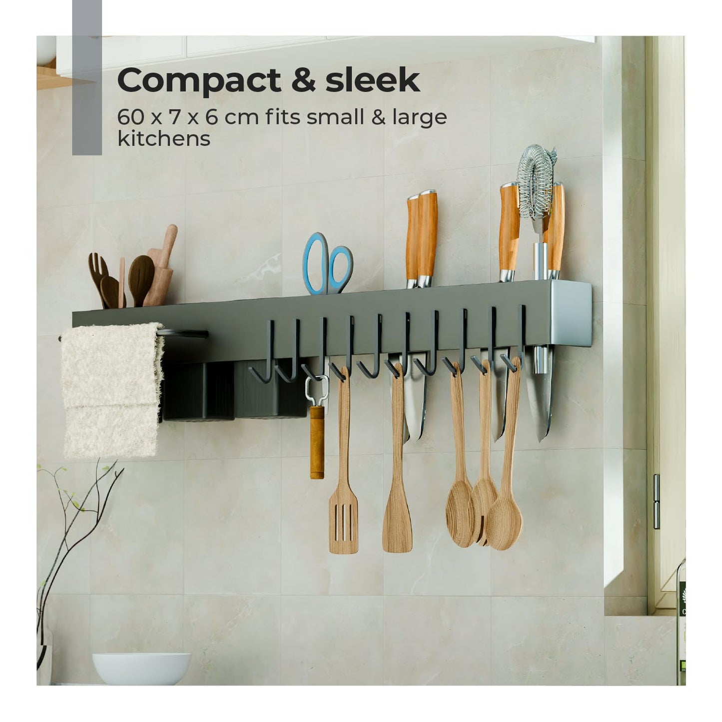 Lifelong Kitchen Utensil Wall Rack with Hooks & Shelf | Hanging Organizer Bar for Cooking Tools, Knives, Spoons, Spatulas & Towels | Space Saving Wall Mounted Kitchen Storage Rack (60 * 8 * 7 cm) 