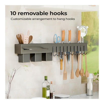 Lifelong Kitchen Utensil Wall Rack with Hooks & Shelf | Hanging Organizer Bar for Cooking Tools, Knives, Spoons, Spatulas & Towels | Space Saving Wall Mounted Kitchen Storage Rack (60 * 8 * 7 cm) 