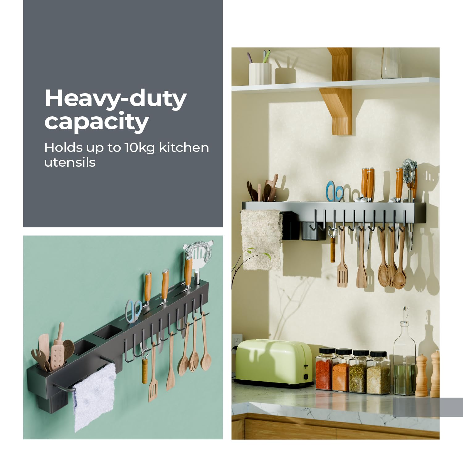 Lifelong Kitchen Utensil Wall Rack with Hooks & Shelf | Hanging Organizer Bar for Cooking Tools, Knives, Spoons, Spatulas & Towels | Space Saving Wall Mounted Kitchen Storage Rack (60 * 8 * 7 cm) 