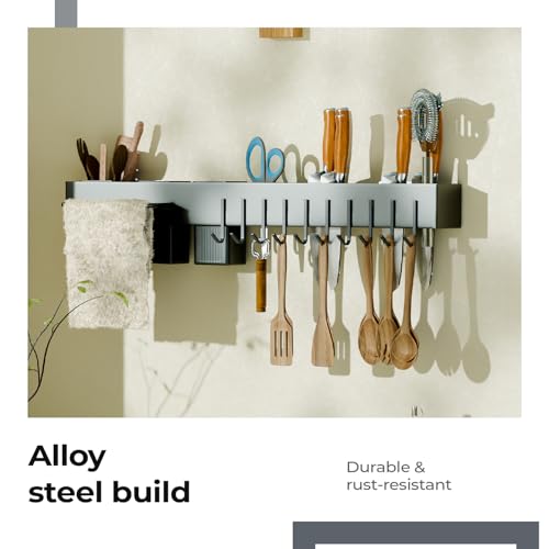 Lifelong Kitchen Utensil Wall Rack with Hooks & Shelf | Hanging Organizer Bar for Cooking Tools, Knives, Spoons, Spatulas & Towels | Space Saving Wall Mounted Kitchen Storage Rack (60 * 8 * 7 cm) 