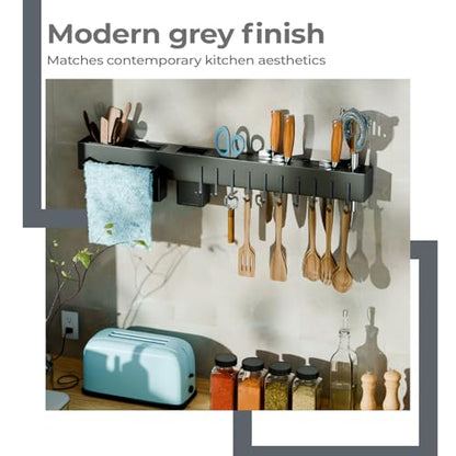 Lifelong Kitchen Utensil Wall Rack with Hooks & Shelf | Hanging Organizer Bar for Cooking Tools, Knives, Spoons, Spatulas & Towels | Space Saving Wall Mounted Kitchen Storage Rack (60 * 8 * 7 cm) 