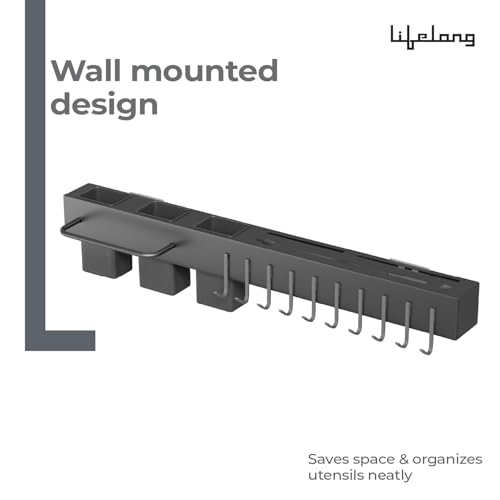 Lifelong Kitchen Utensil Wall Rack with Hooks & Shelf | Hanging Organizer Bar for Cooking Tools, Knives, Spoons, Spatulas & Towels | Space Saving Wall Mounted Kitchen Storage Rack (60 * 8 * 7 cm) 