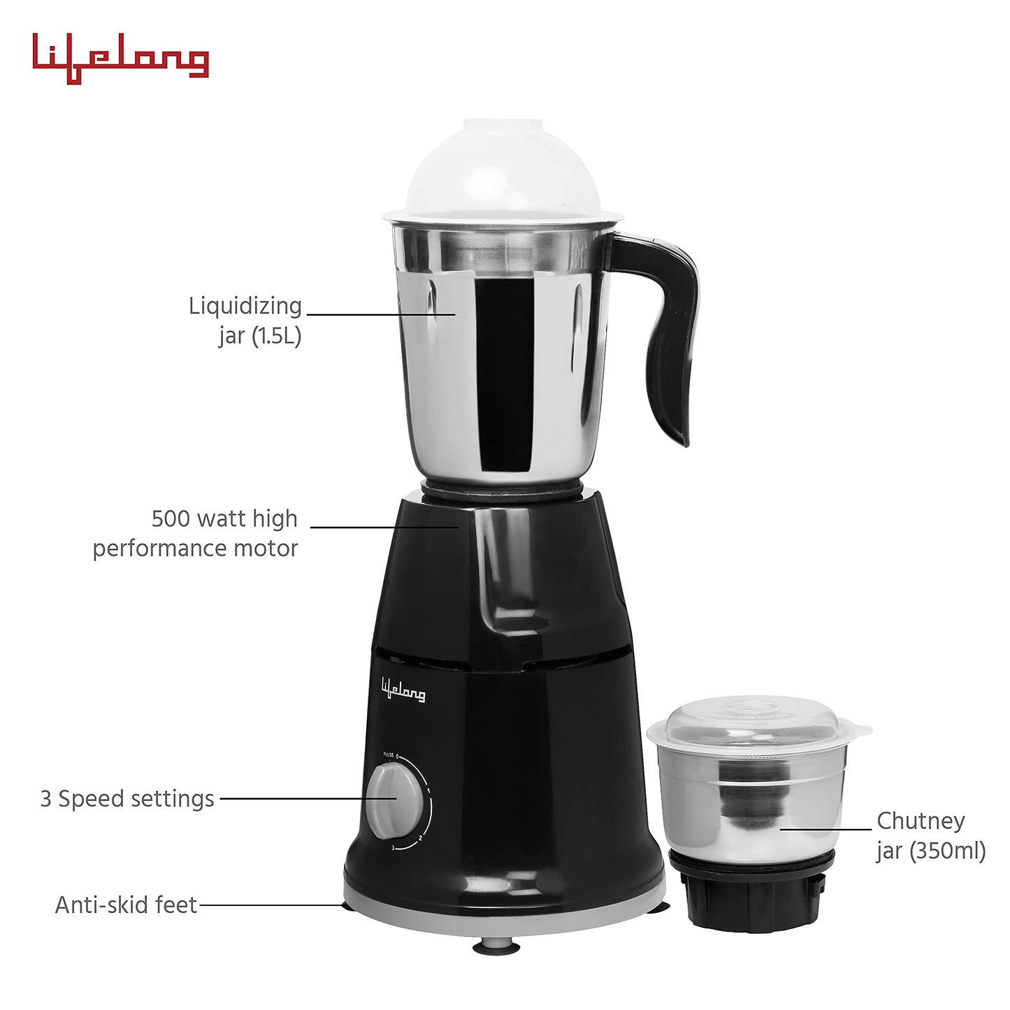 Lifelong Mixer Grinder for Kitchen - 2 Jars 500 Watt - Mixie with Mini Jar for Chutney & Liquidizing Jar used as Wet Grinder & Blender for Milkshake, Smoothie, Puree -Stainless Steel Blades (LLMG93) 