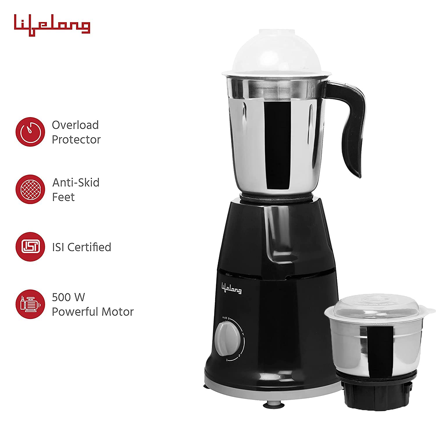 Lifelong Mixer Grinder for Kitchen - 2 Jars 500 Watt - Mixie with Mini Jar for Chutney & Liquidizing Jar used as Wet Grinder & Blender for Milkshake, Smoothie, Puree -Stainless Steel Blades (LLMG93) 