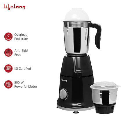 Lifelong Mixer Grinder for Kitchen - 2 Jars 500 Watt - Mixie with Mini Jar for Chutney & Liquidizing Jar used as Wet Grinder & Blender for Milkshake, Smoothie, Puree -Stainless Steel Blades (LLMG93) 