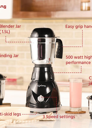 Lifelong Mixer Grinder for Kitchen - 3 Jars 500 Watt Mixie - Chutney Jar, Dry Grinder Jar & Liquidizing Jar used as Wet Grinder & Blender for Milkshake, Smoothie, Puree -Stainless Steel Blades(LLMG23) 