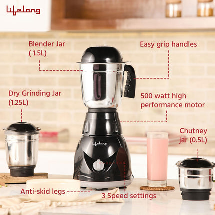 Lifelong Mixer Grinder for Kitchen - 3 Jars 500 Watt Mixie - Chutney Jar, Dry Grinder Jar & Liquidizing Jar used as Wet Grinder & Blender for Milkshake, Smoothie, Puree -Stainless Steel Blades(LLMG23) 