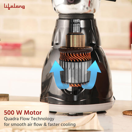 Lifelong Mixer Grinder for Kitchen - 3 Jars 500 Watt Mixie - Chutney Jar, Dry Grinder Jar & Liquidizing Jar used as Wet Grinder & Blender for Milkshake, Smoothie, Puree -Stainless Steel Blades(LLMG23) 