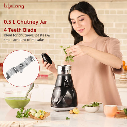 Lifelong Mixer Grinder for Kitchen - 3 Jars 500 Watt Mixie - Chutney Jar, Dry Grinder Jar & Liquidizing Jar used as Wet Grinder & Blender for Milkshake, Smoothie, Puree -Stainless Steel Blades(LLMG23) 