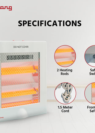 Lifelong Regalia 800 Watts Quartz Room Heater for Home with 2 Power settings, ISI Certified, 2 Rod Heater for Room |Cord Length 1.5 Meter| 1 Year Manufacturer's Warranty (LLQH922, White) 