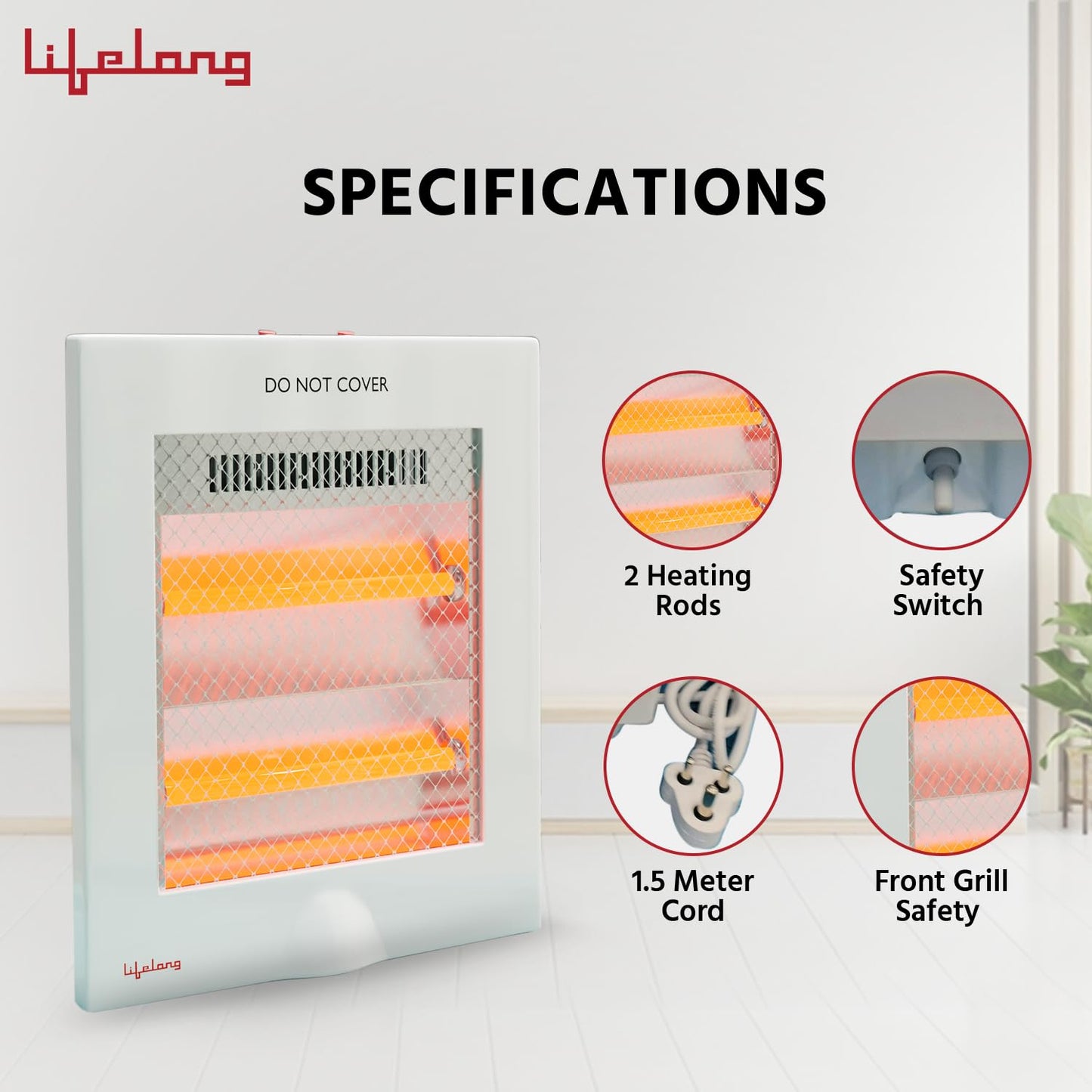 Lifelong Regalia 800 Watts Quartz Room Heater for Home with 2 Power settings, ISI Certified, 2 Rod Heater for Room |Cord Length 1.5 Meter| 1 Year Manufacturer's Warranty (LLQH922, White) 