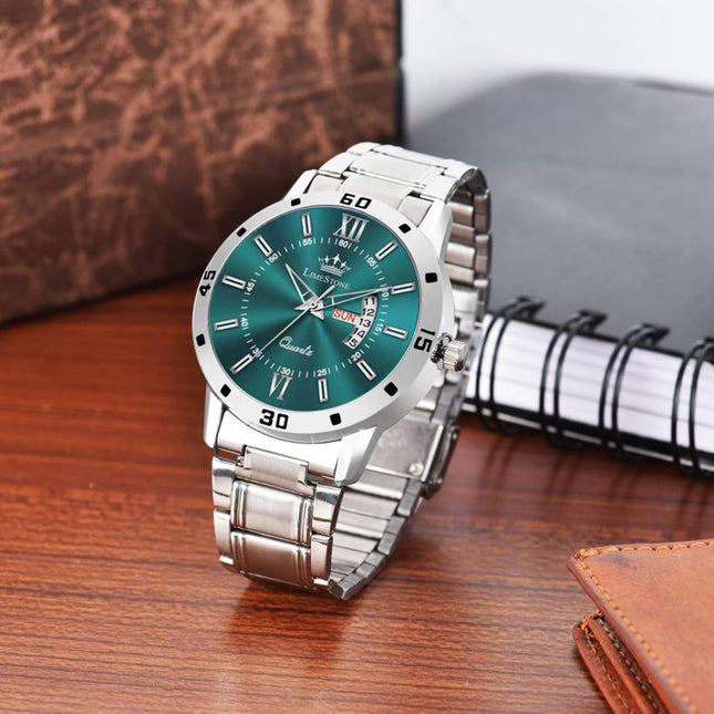 Limestone Day and Date Functioning Steel Strap New Quartz Analog Watch for Men Classic Design Men's Wrist Watches 