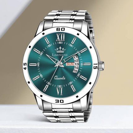 Limestone Day and Date Functioning Steel Strap New Quartz Analog Watch for Men Classic Design Men's Wrist Watches 