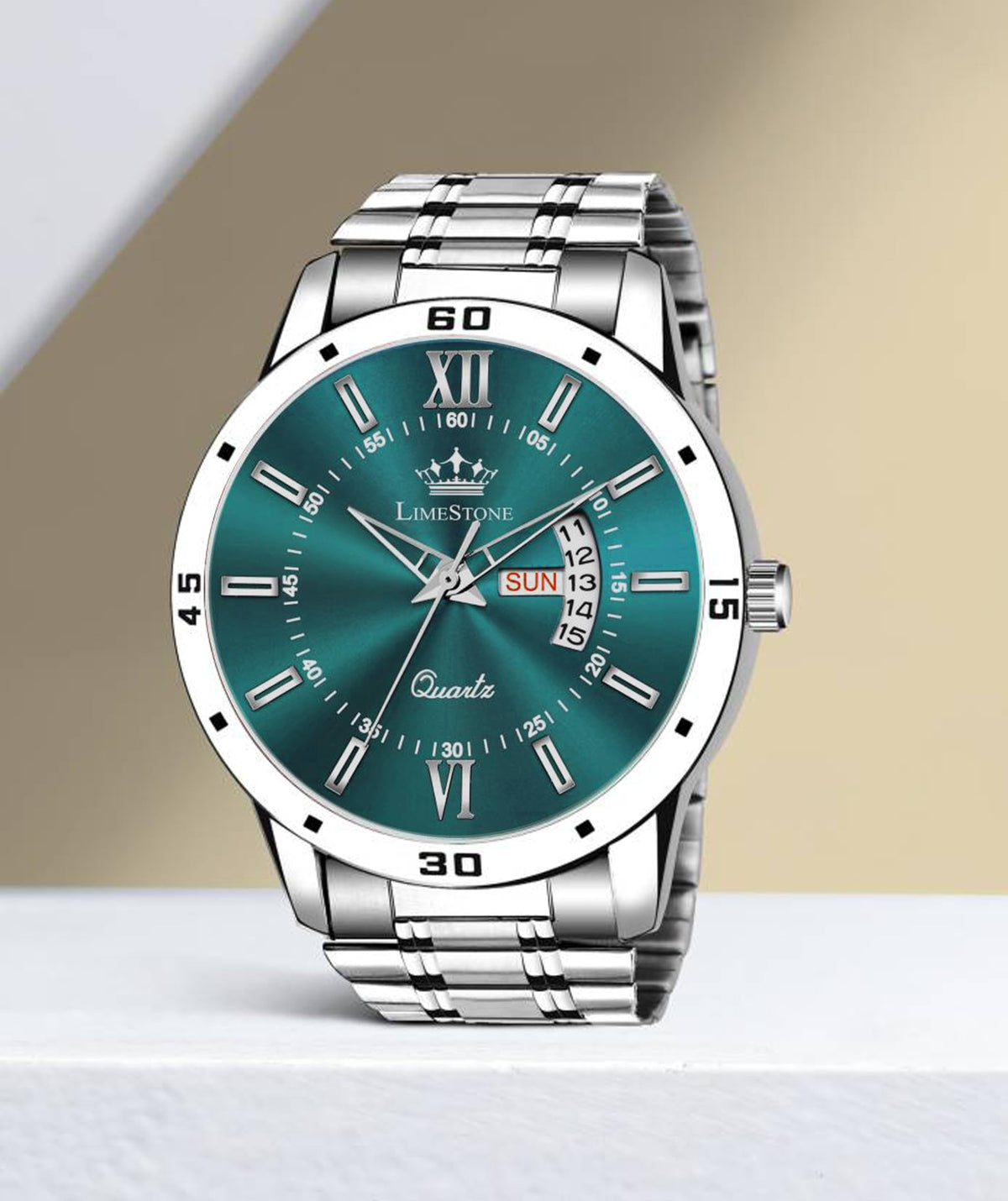 Limestone Day and Date Functioning Steel Strap New Quartz Analog Watch for Men Classic Design Men's Wrist Watches 