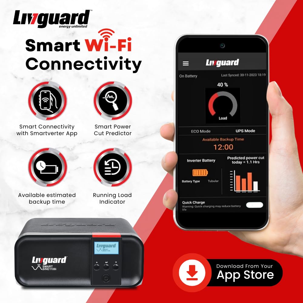 Livguard Smart SINE 1100i Inverter for Home, Office & Shops | 900VA/12V Pure Sinewave | Supports 1 Inverter Battery | Multi Function LCD Display with WiFi connectivity and Mob App Control 