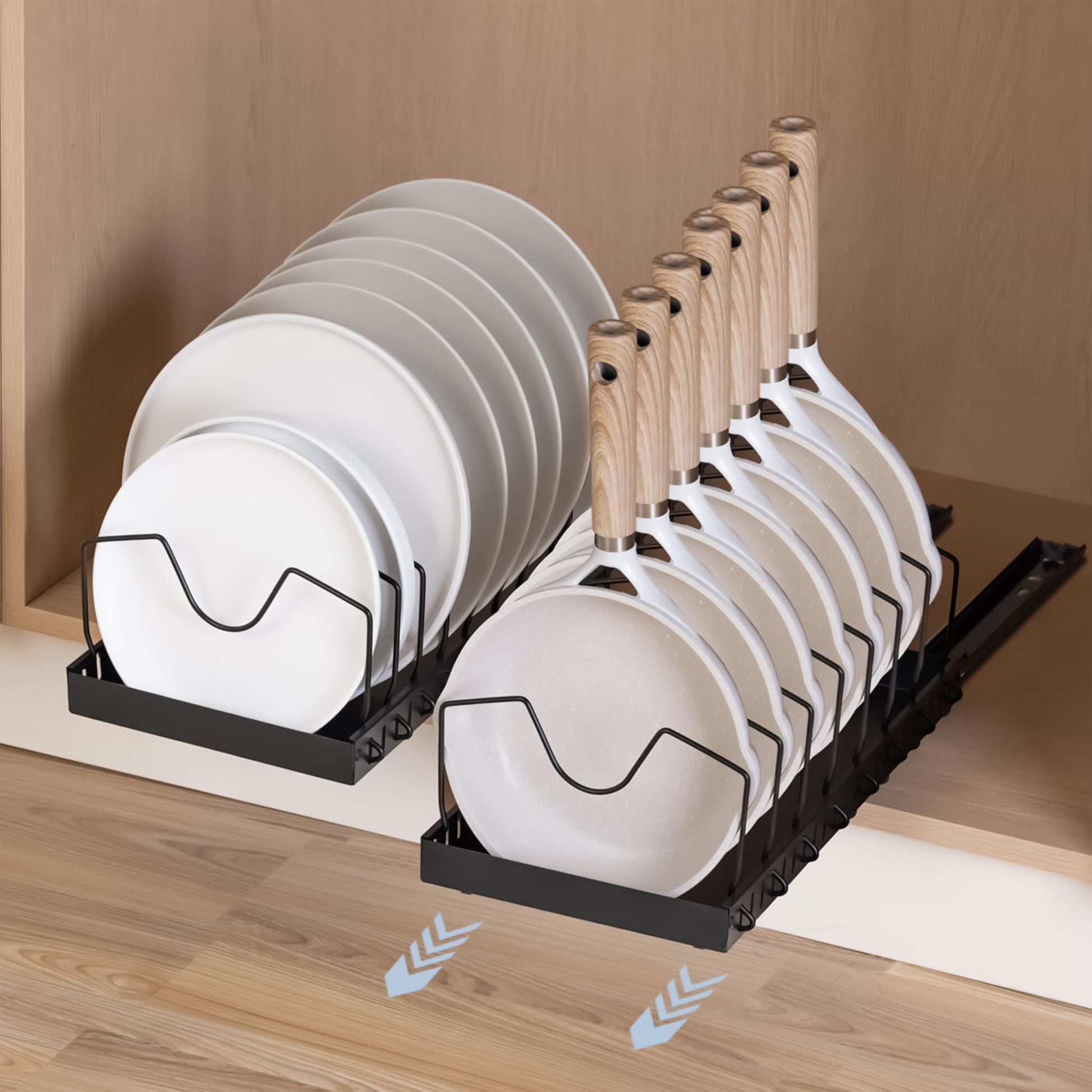 Livzing Pan & Pot Organizer Rack for Cabinet - Stainless Steel Adjustable Sliding Kitchen Rack for Frying Pan, Plate, Lids - Under Cabinet Storage for Modular Kitchen - Expandable Cookware Organizer 