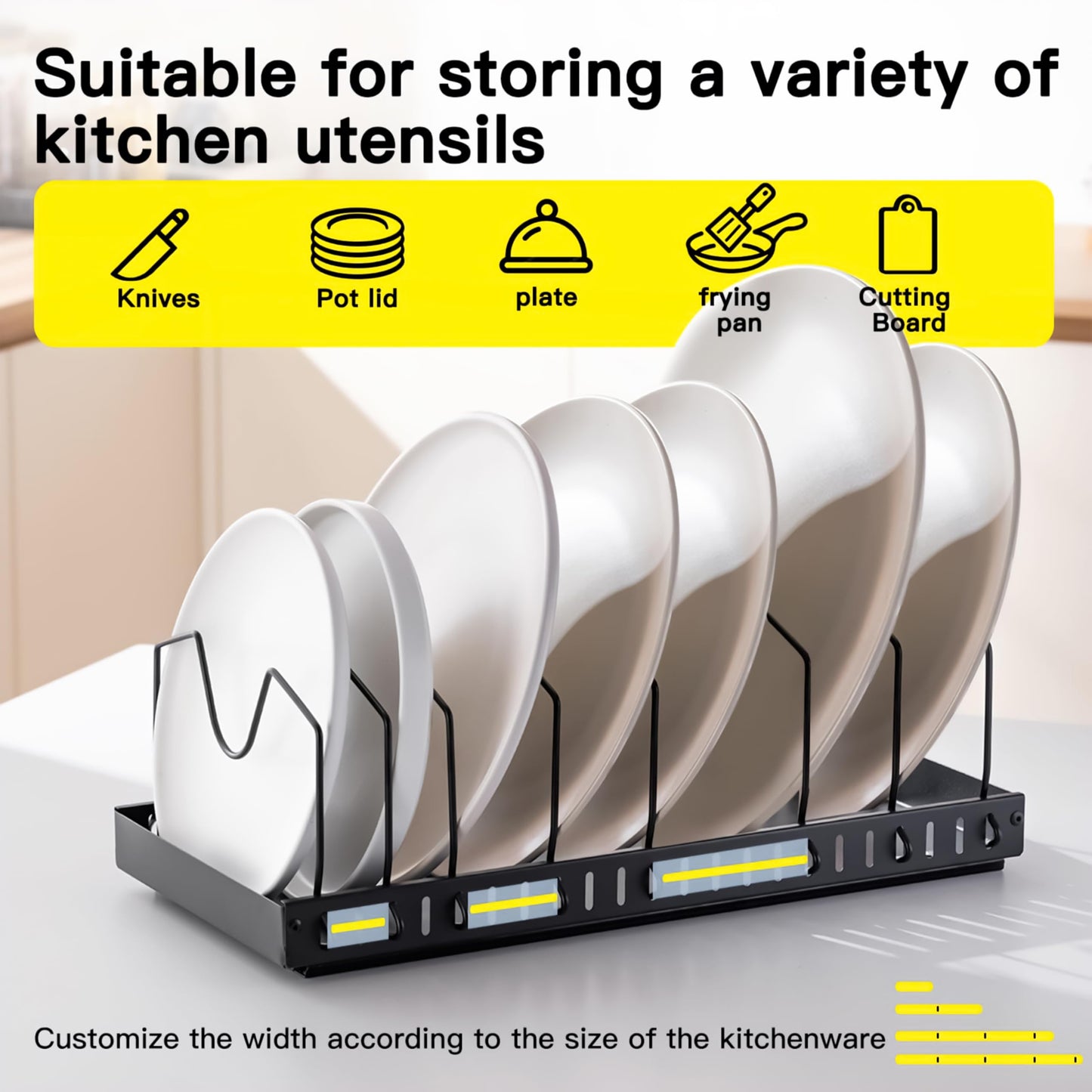 Livzing Pan & Pot Organizer Rack for Cabinet - Stainless Steel Adjustable Sliding Kitchen Rack for Frying Pan, Plate, Lids - Under Cabinet Storage for Modular Kitchen - Expandable Cookware Organizer 