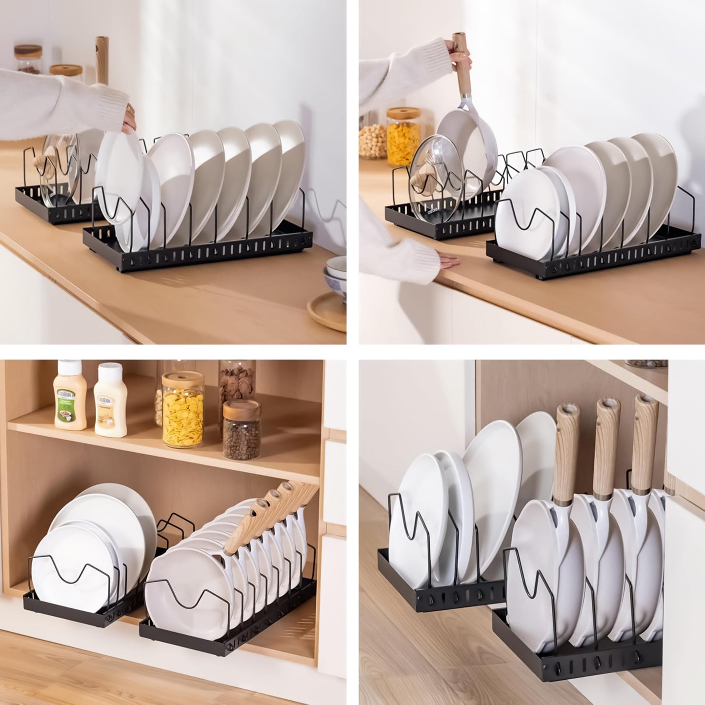 Livzing Pan & Pot Organizer Rack for Cabinet - Stainless Steel Adjustable Sliding Kitchen Rack for Frying Pan, Plate, Lids - Under Cabinet Storage for Modular Kitchen - Expandable Cookware Organizer 