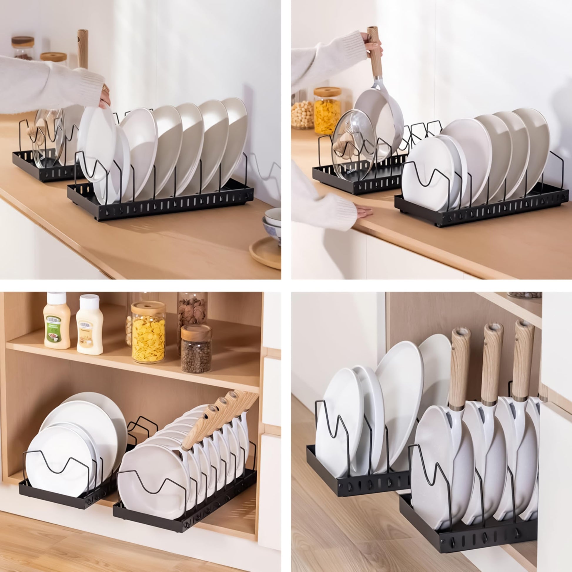 Livzing Pan & Pot Organizer Rack for Cabinet - Stainless Steel Adjustable Sliding Kitchen Rack for Frying Pan, Plate, Lids - Under Cabinet Storage for Modular Kitchen - Expandable Cookware Organizer 