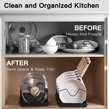 Livzing Pan & Pot Organizer Rack for Cabinet - Stainless Steel Adjustable Sliding Kitchen Rack for Frying Pan, Plate, Lids - Under Cabinet Storage for Modular Kitchen - Expandable Cookware Organizer 
