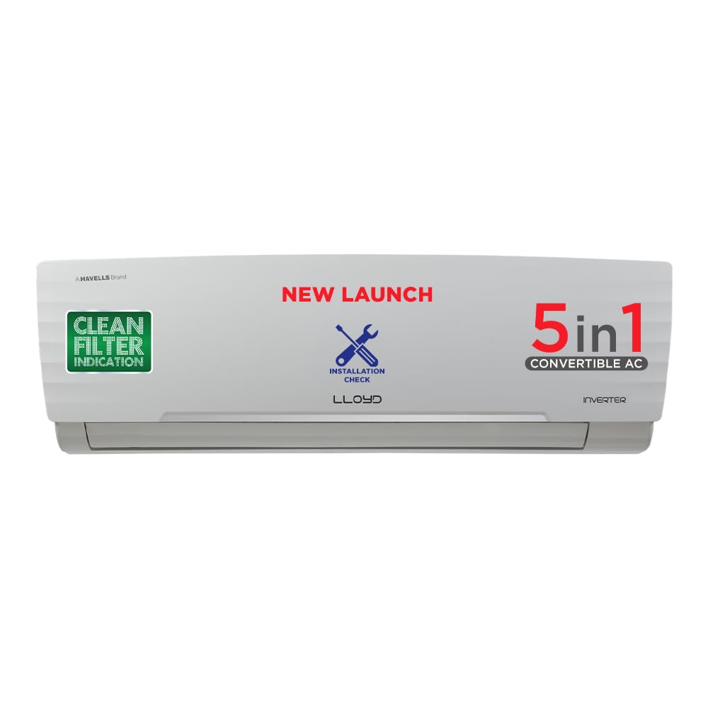 Lloyd 1.5 Ton 5 Star Inverter Split AC (5 in 1 Convertible, Anti Corrosion Coating, Copper, PM 2.5 Filter, White with Chrome Deco Strip, GLS18I5KWGGW) 