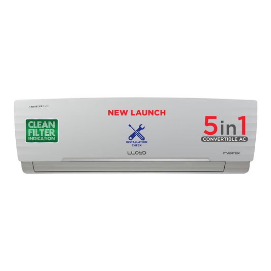 Lloyd 1.5 Ton 5 Star Inverter Split AC (5 in 1 Convertible, Anti Corrosion Coating, Copper, PM 2.5 Filter, White with Chrome Deco Strip, GLS18I5KWGGW) 