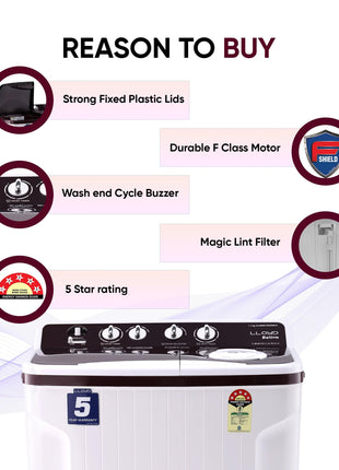 Lloyd 7.5 kg 5 Star Semi Automatic Top Load Washing Machine |1300 RPM | Soak Function | 3 Wash Programs | Swift Dry | Magic Filter, (GLWMS75DDMAC, Dark Maroon and White) 