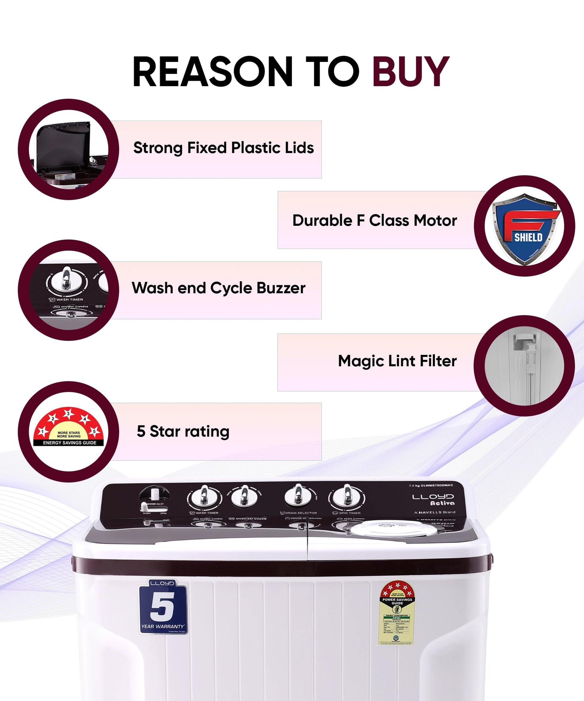 Lloyd 7.5 kg 5 Star Semi Automatic Top Load Washing Machine |1300 RPM | Soak Function | 3 Wash Programs | Swift Dry | Magic Filter, (GLWMS75DDMAC, Dark Maroon and White) 