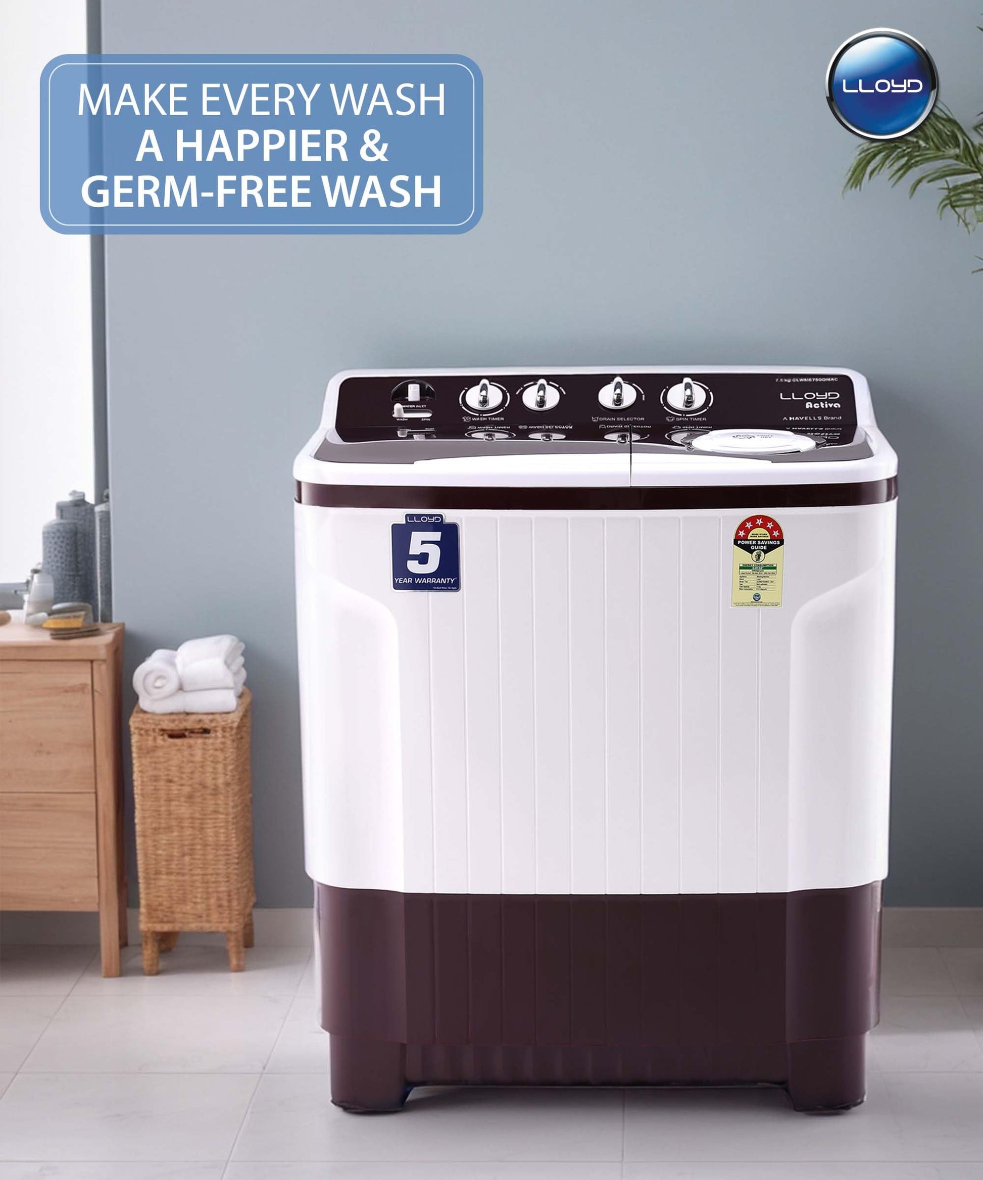 Lloyd 7.5 kg 5 Star Semi Automatic Top Load Washing Machine |1300 RPM | Soak Function | 3 Wash Programs | Swift Dry | Magic Filter, (GLWMS75DDMAC, Dark Maroon and White) 