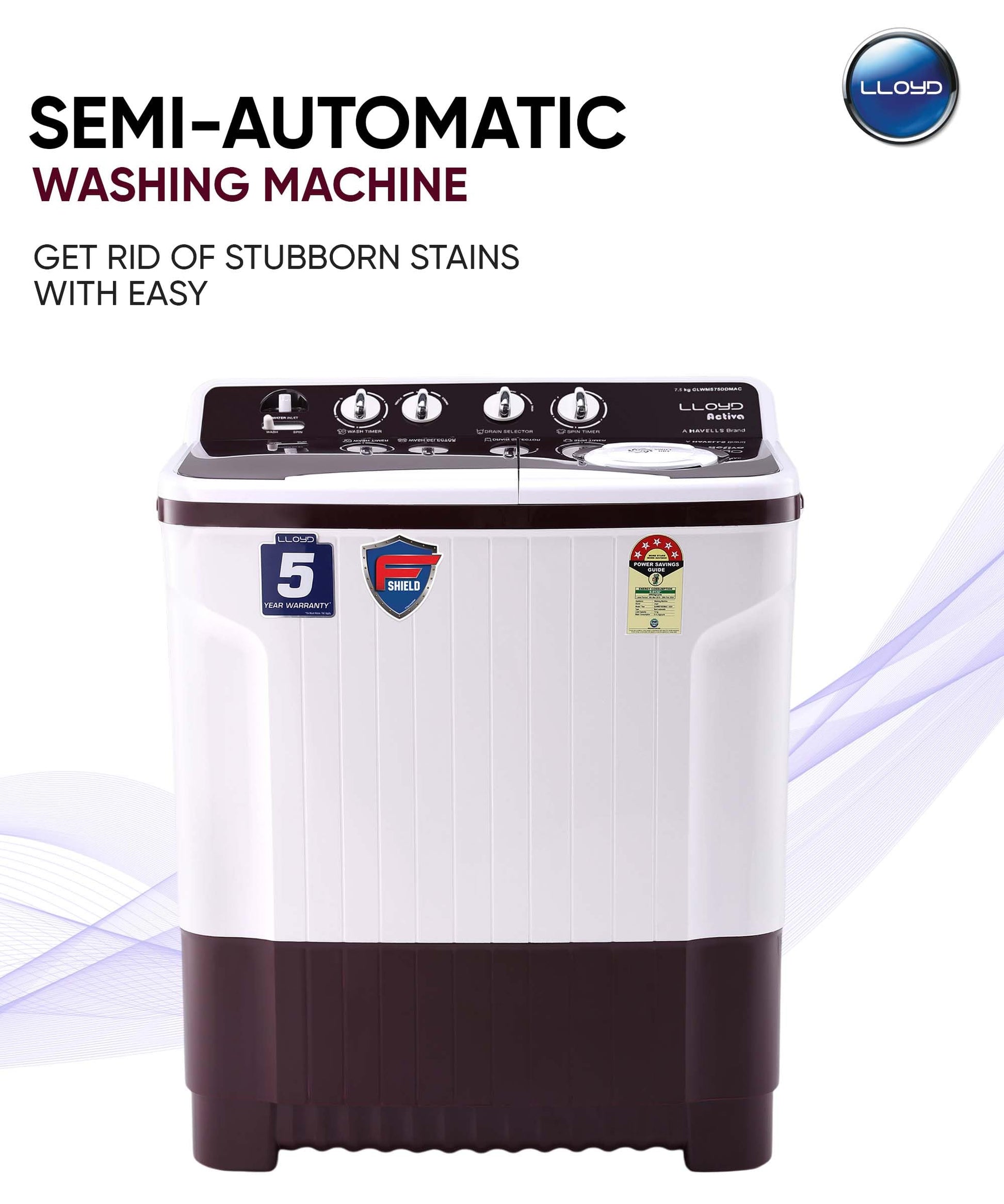 Lloyd 7.5 kg 5 Star Semi Automatic Top Load Washing Machine |1300 RPM | Soak Function | 3 Wash Programs | Swift Dry | Magic Filter, (GLWMS75DDMAC, Dark Maroon and White) 