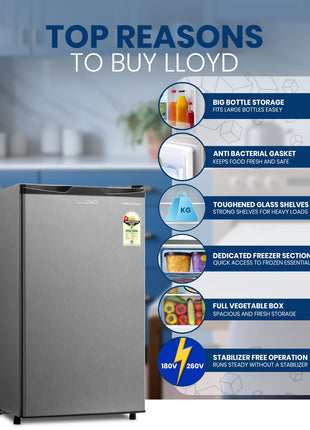 Lloyd 92 L Direct Cool Single Door 1 Star Refrigerator with Dedicated Freezer Section Big Bottle StorageFull Vegetable Box (Grey Metallic) 