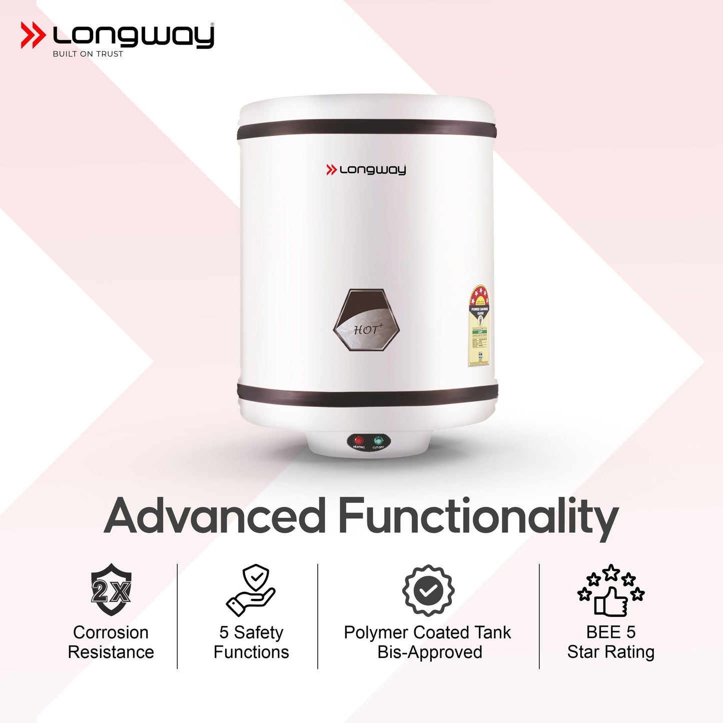 Longway Hotplus 10 Ltr 5 Star Rated Automatic Instant Water Heater for Home, Water Geyser, Water Heater, Electric Geyser with Multiple Safety System & Anti-Rust Coating | (Off-White, 10 Ltr) 