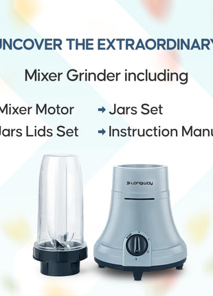 Longway Sage 500 Watt Juicer Mixer Grinder with 2 Jars for Grinding, Mixing, Juicing with Powerful Motor | 1 Year Warranty | (Gray & Black, 2 Jars) 