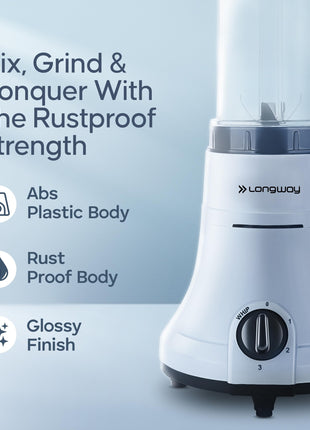 Longway Sage 500 Watt Juicer Mixer Grinder with 2 Jars for Grinding, Mixing, Juicing with Powerful Motor | 1 Year Warranty | (Gray & Black, 2 Jars) 