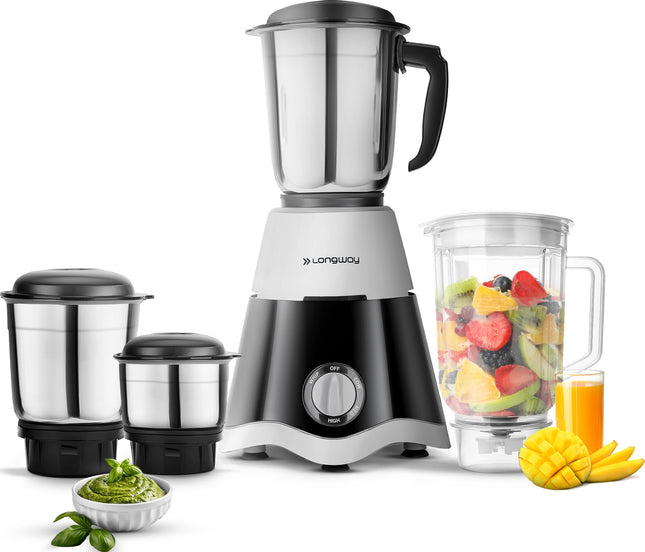 Longway Super Dlx 750 Watt Juicer Mixer Grinder with 4 Jars for Grinding, Mixing, Juicing with Powerful Motor | 2 Year Warranty | (Black & Gray, 4 Jars) 