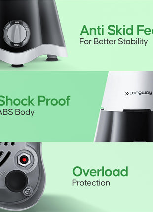 Longway Super Dlx 750 Watt Juicer Mixer Grinder with 4 Jars for Grinding, Mixing, Juicing with Powerful Motor | 2 Year Warranty | (Black & Gray, 4 Jars) 