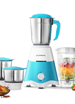 Longway Super Dlx 750 Watt Juicer Mixer Grinder with 4 Jars for Grinding, Mixing, Juicing with Powerful Motor | 2 Years Warranty | (White & Blue, 4 Jars) 