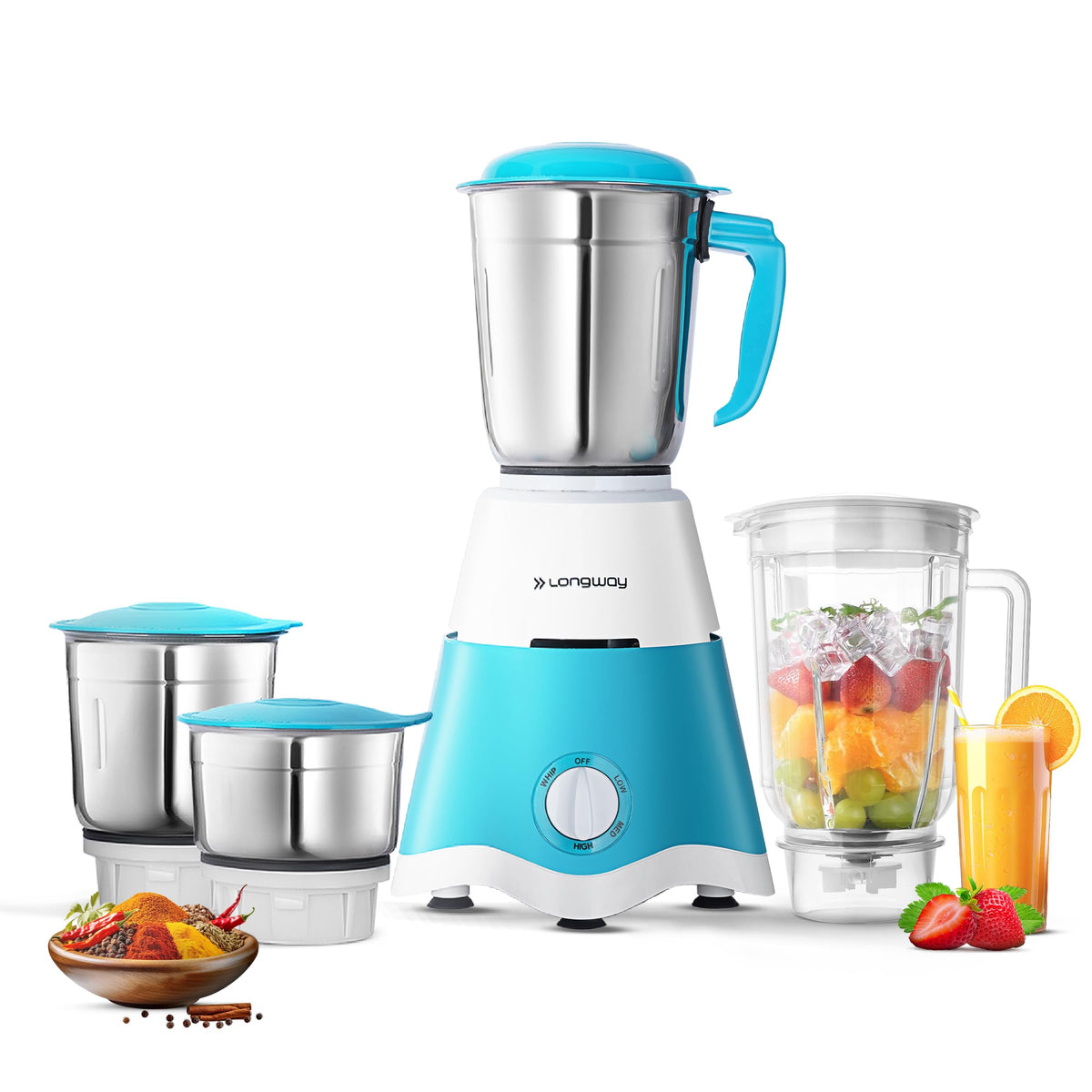 Longway Super Dlx 750 Watt Juicer Mixer Grinder with 4 Jars for Grinding, Mixing, Juicing with Powerful Motor | 2 Years Warranty | (White & Blue, 4 Jars) 
