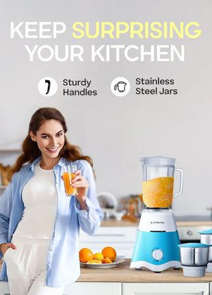 Longway Super Dlx 750 Watt Juicer Mixer Grinder with 4 Jars for Grinding, Mixing, Juicing with Powerful Motor | 2 Years Warranty | (White & Blue, 4 Jars) 