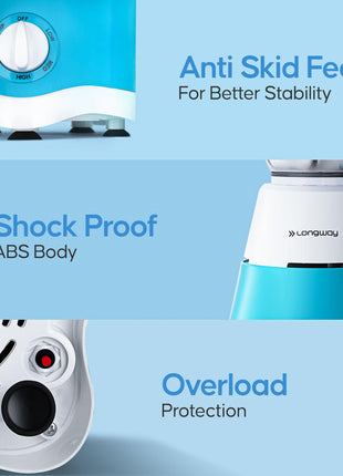 Longway Super Dlx 750 Watt Juicer Mixer Grinder with 4 Jars for Grinding, Mixing, Juicing with Powerful Motor | 2 Years Warranty | (White & Blue, 4 Jars) 