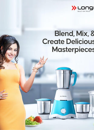 Longway Super Dlx 750 Watt Juicer Mixer Grinder with 4 Jars for Grinding, Mixing, Juicing with Powerful Motor | 2 Years Warranty | (White & Blue, 4 Jars) 