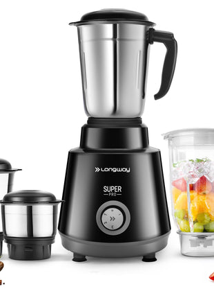 Longway Super Pro 750 Watt Juicer Mixer Grinder with 4 Jars for Grinding, Mixing, Juicing with Powerful Motor | 2 Year Warranty | (Black, 4 Jars) 