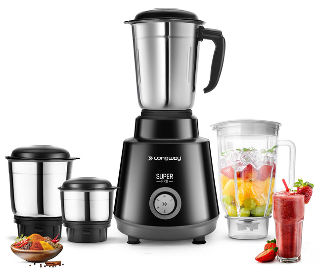 Longway Super Pro 750 Watt Juicer Mixer Grinder with 4 Jars for Grinding, Mixing, Juicing with Powerful Motor | 2 Year Warranty | (Black, 4 Jars) 