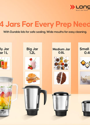Longway Super Pro 750 Watt Juicer Mixer Grinder with 4 Jars for Grinding, Mixing, Juicing with Powerful Motor | 2 Year Warranty | (Black, 4 Jars) 