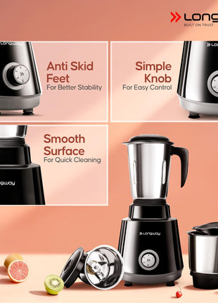 Longway Super Pro 750 Watt Juicer Mixer Grinder with 4 Jars for Grinding, Mixing, Juicing with Powerful Motor | 2 Year Warranty | (Black, 4 Jars) 