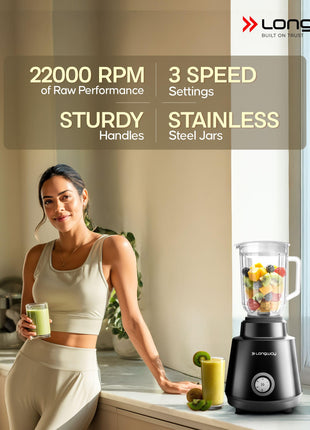 Longway Super Pro 750 Watt Juicer Mixer Grinder with 4 Jars for Grinding, Mixing, Juicing with Powerful Motor | 2 Year Warranty | (Black, 4 Jars) 