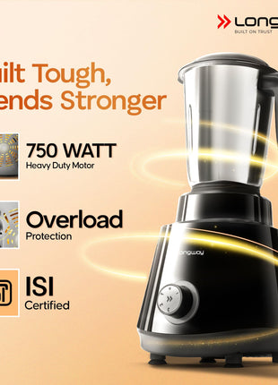 Longway Super Pro 750 Watt Juicer Mixer Grinder with 4 Jars for Grinding, Mixing, Juicing with Powerful Motor | 2 Year Warranty | (Black, 4 Jars) 