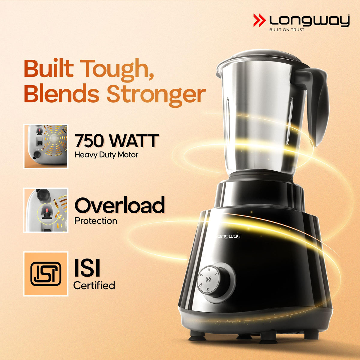 Longway Super Pro 750 Watt Juicer Mixer Grinder with 4 Jars for Grinding, Mixing, Juicing with Powerful Motor | 2 Year Warranty | (Black, 4 Jars) 