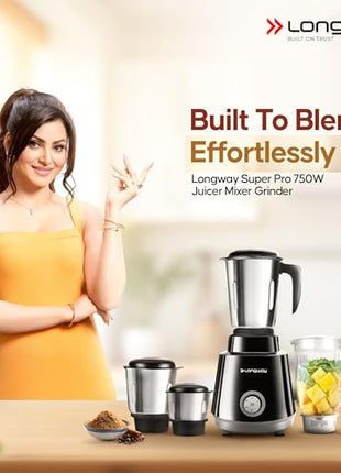 Longway Super Pro 750 Watt Juicer Mixer Grinder with 4 Jars for Grinding, Mixing, Juicing with Powerful Motor | 2 Year Warranty | (Black, 4 Jars) 